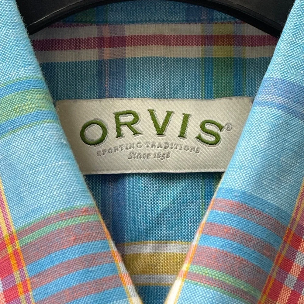 Orvis Men's XLarge Multicolor‎ Plaid Linen/Cotton Short Sleeve Button Up Shirt